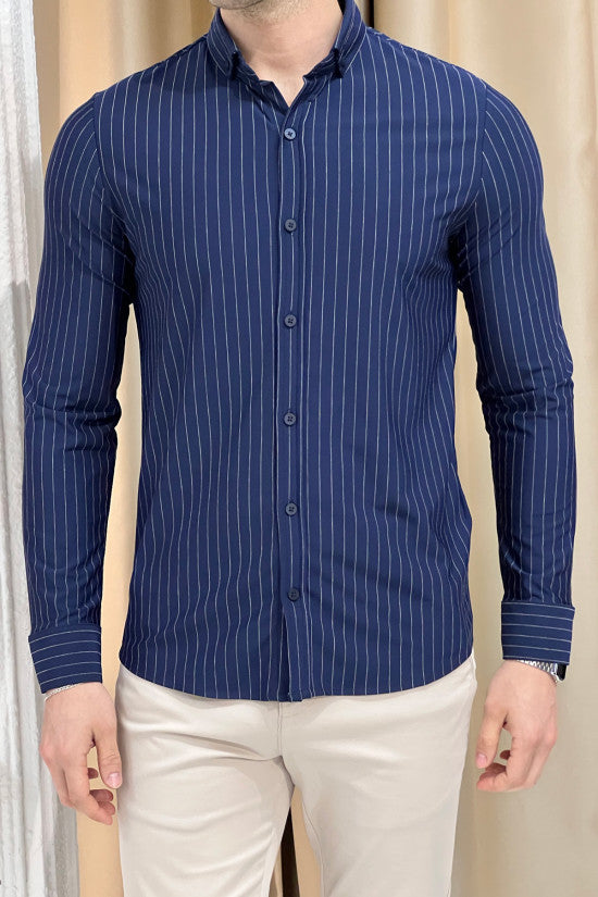 Slim Fit Striped Long Sleeve Lycra Navy Blue Shirt