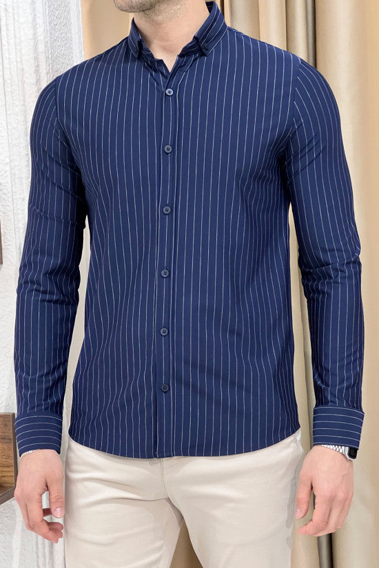 Slim Fit Striped Long Sleeve Lycra Navy Blue Shirt
