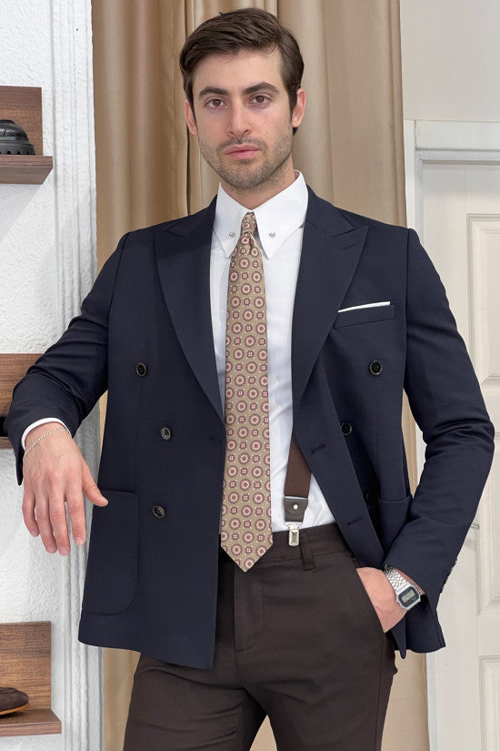 Slim Fit Pointed Collar Unlined Bag Pocket Double Breasted Navy Blue Jacket