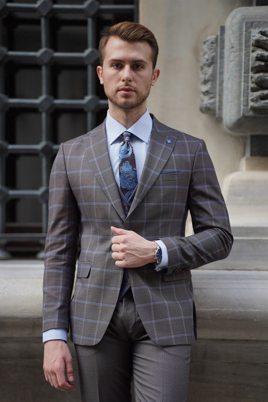 
                  
                    Slim Fit Plaid Pointed Collar Vest Brown Combination Suit (High Quality)
                  
                