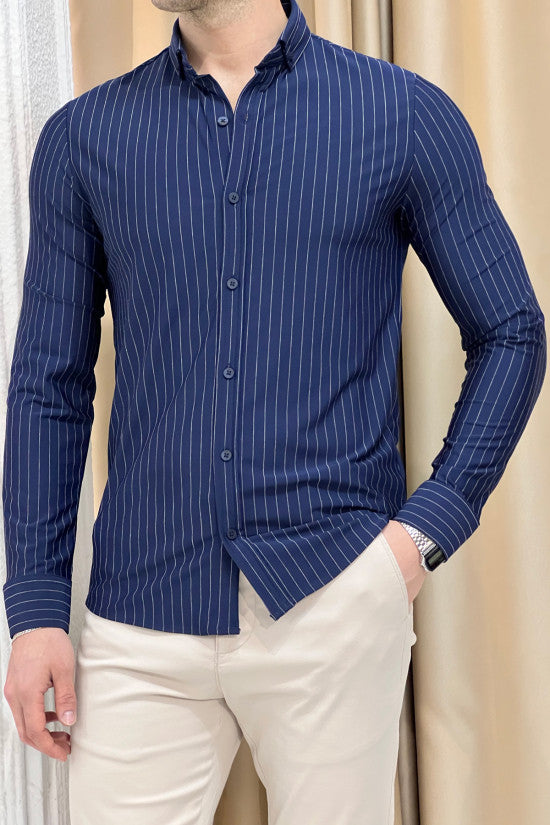 Slim Fit Striped Long Sleeve Lycra Navy Blue Shirt