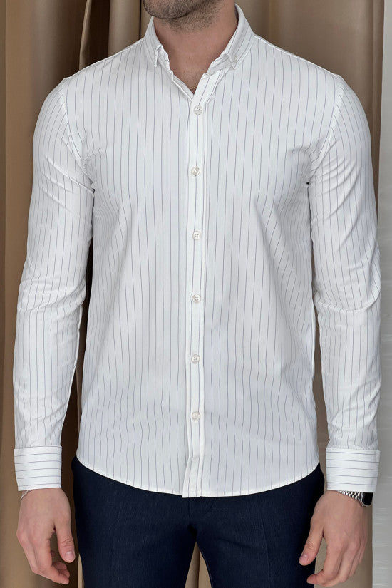 Slim Fit Striped Long Sleeve Lycra White Shirt