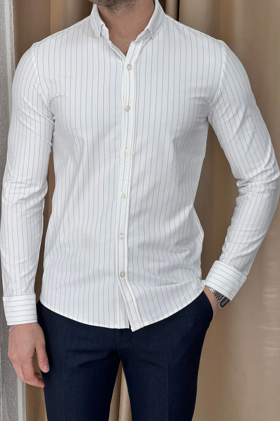 Slim Fit Striped Long Sleeve Lycra White Shirt