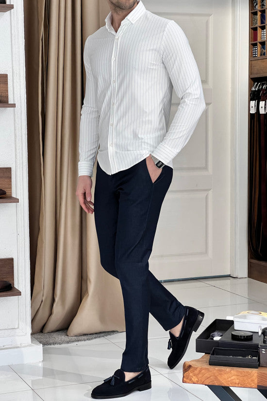 Slim Fit Striped Long Sleeve Lycra White Shirt