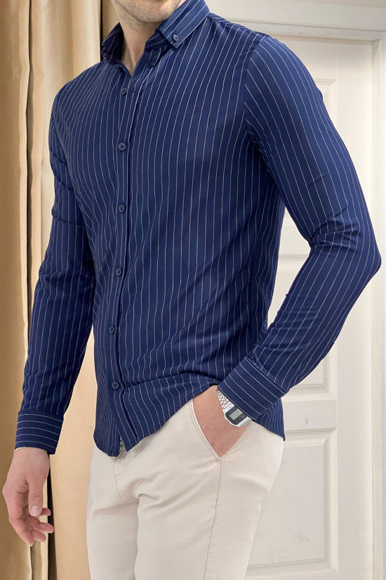 Slim Fit Striped Long Sleeve Lycra Navy Blue Shirt