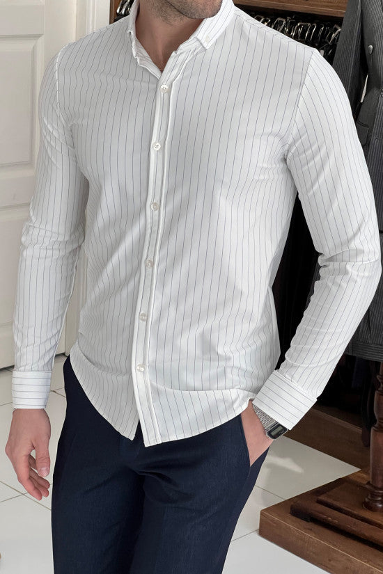 Slim Fit Striped Long Sleeve Lycra White Shirt