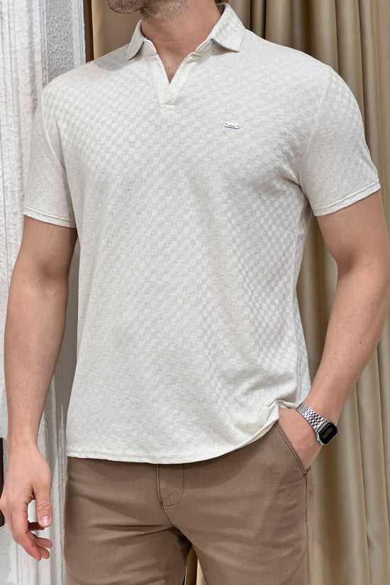 Slim Fit Italian Polo Neck Patterned Beige Short Sleeve T-Shirt