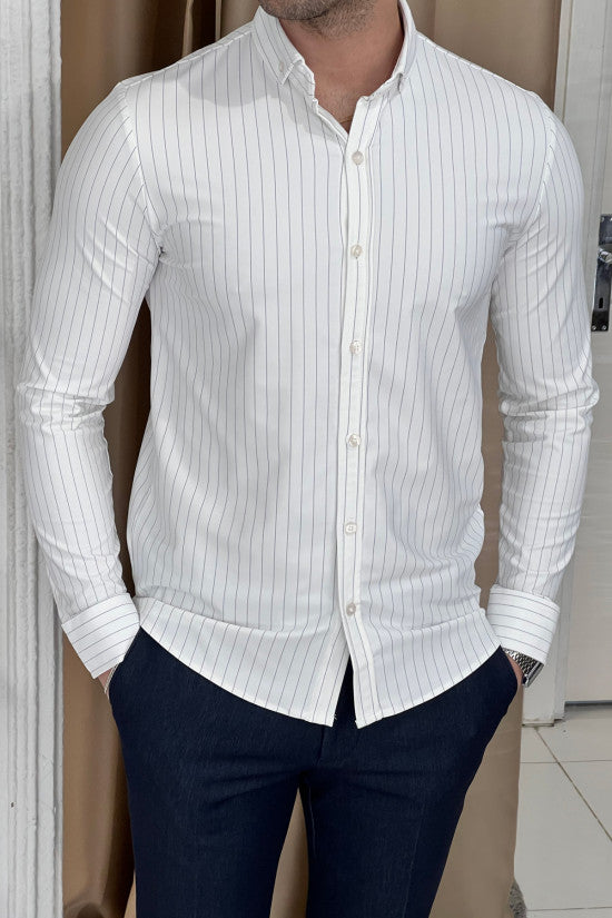 Slim Fit Striped Long Sleeve Lycra White Shirt