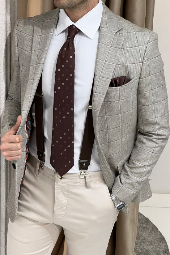 Slim Fit Mono Collar Plaid Beige Jacket