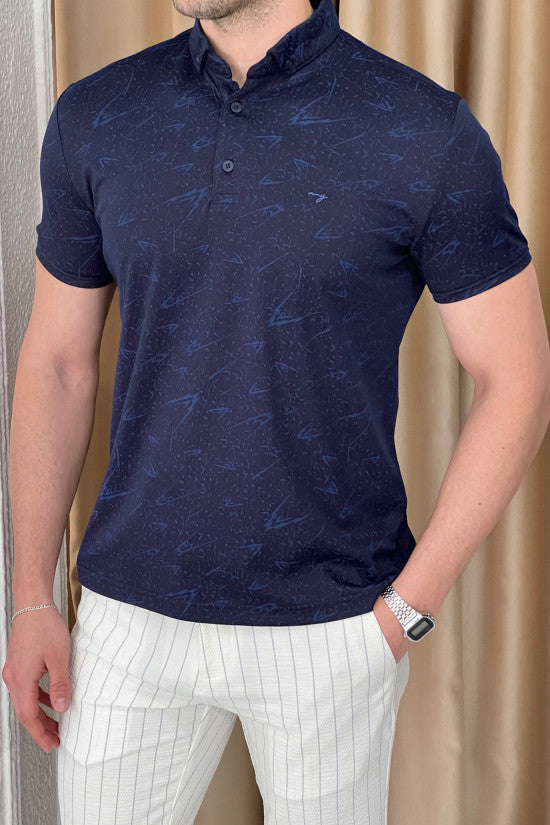 Slim Fit Patterned Italian Collar Navyblue Short Sleeve T-Shirt