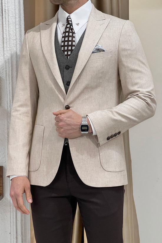 Slim Fit Special Design Pointed Collar Bag Pocket Linen Beige Jacket
