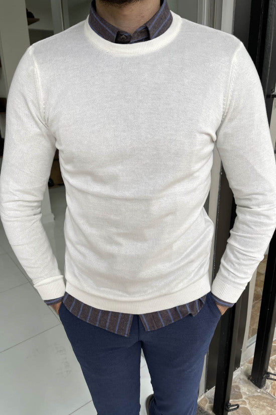 Slim Fit Ecru Crew Neck Knitwear Sweater