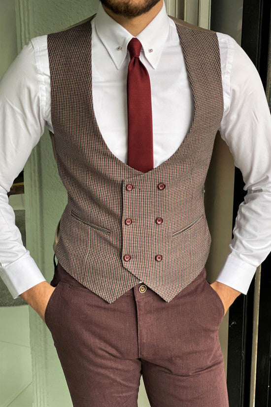 Slim Fit Claret Red Double Breasted Wool Vest