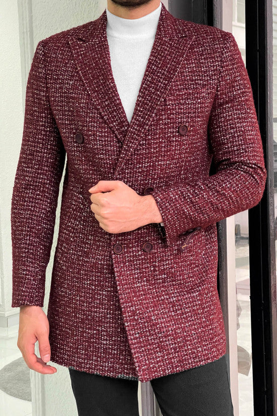 
                  
                    Slim Fit Claret Red Patterned Double Breasted Wool Coat
                  
                