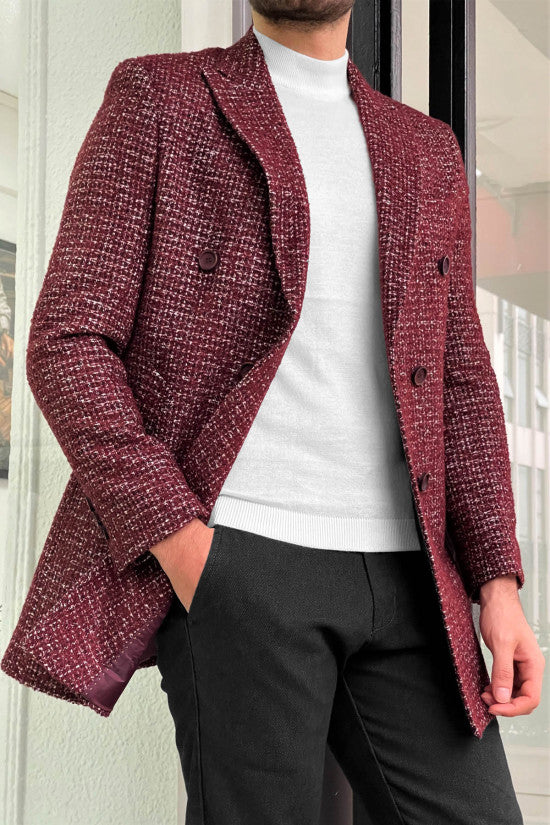 
                  
                    Slim Fit Claret Red Patterned Double Breasted Wool Coat
                  
                