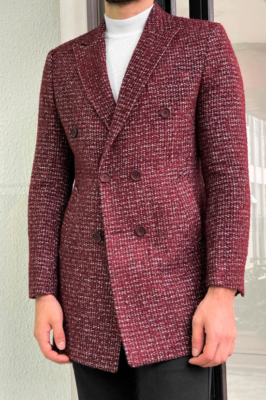 Slim Fit Claret Red Patterned Double Breasted Wool Coat