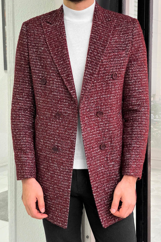 
                  
                    Slim Fit Claret Red Patterned Double Breasted Wool Coat
                  
                