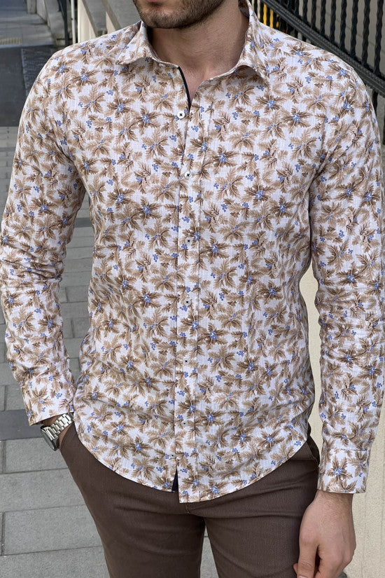 Slim Fit High Quality Patterned Cotton Beige Shirt