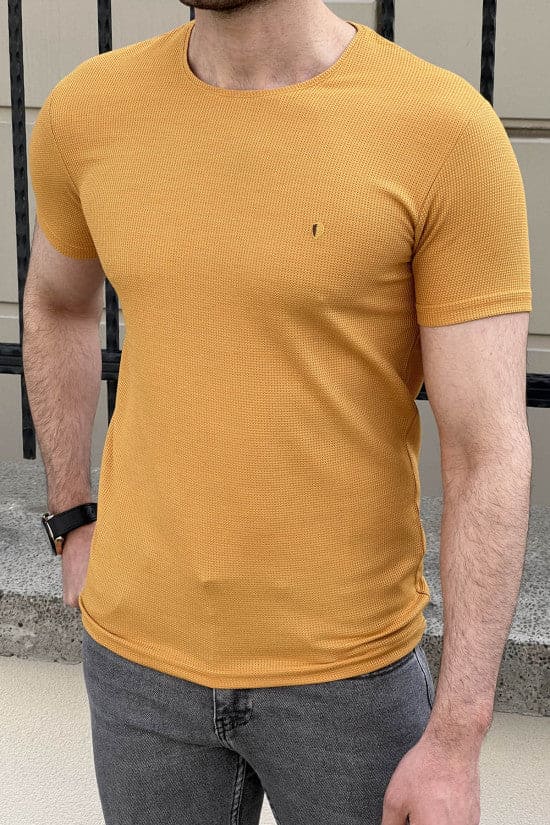 Slim Fit High Quality Self Patterned Crew Neck White Mustard T-Shirt