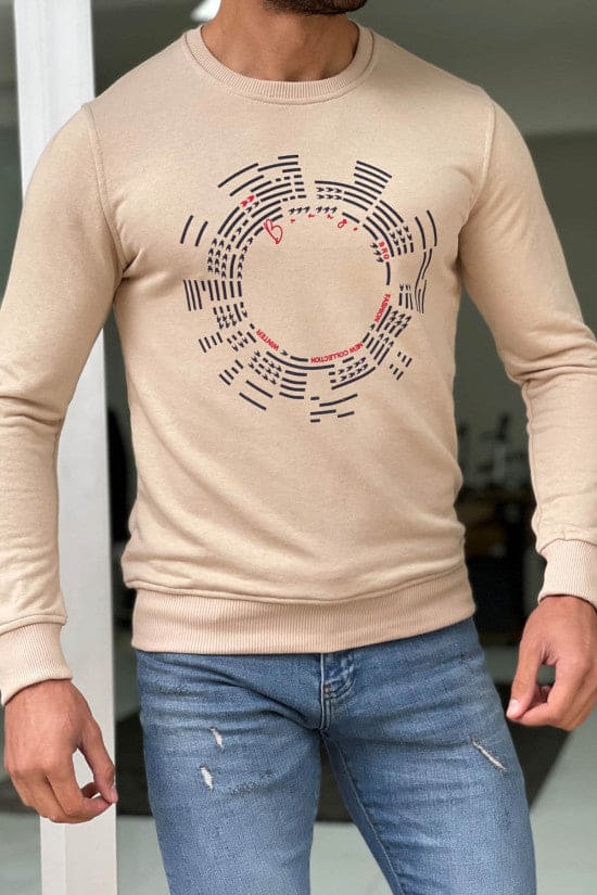 Slim Fit Beige Oval Collar Cotton Sweatshirt