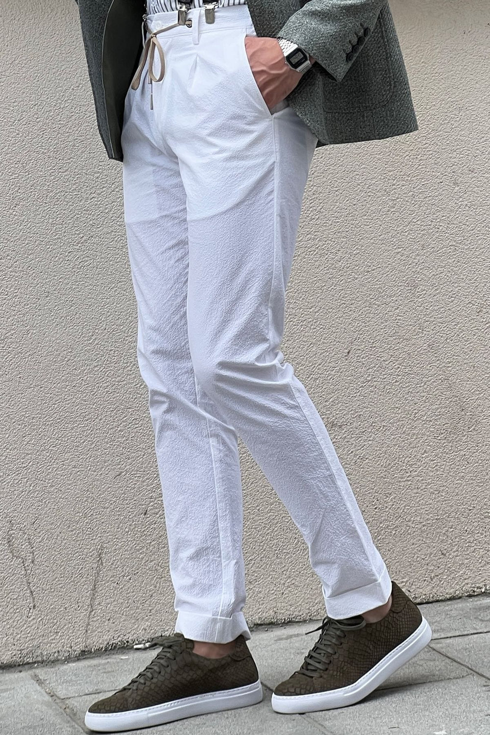 Slim-fit Self Patterned Side Pocket White Cotton Pants
