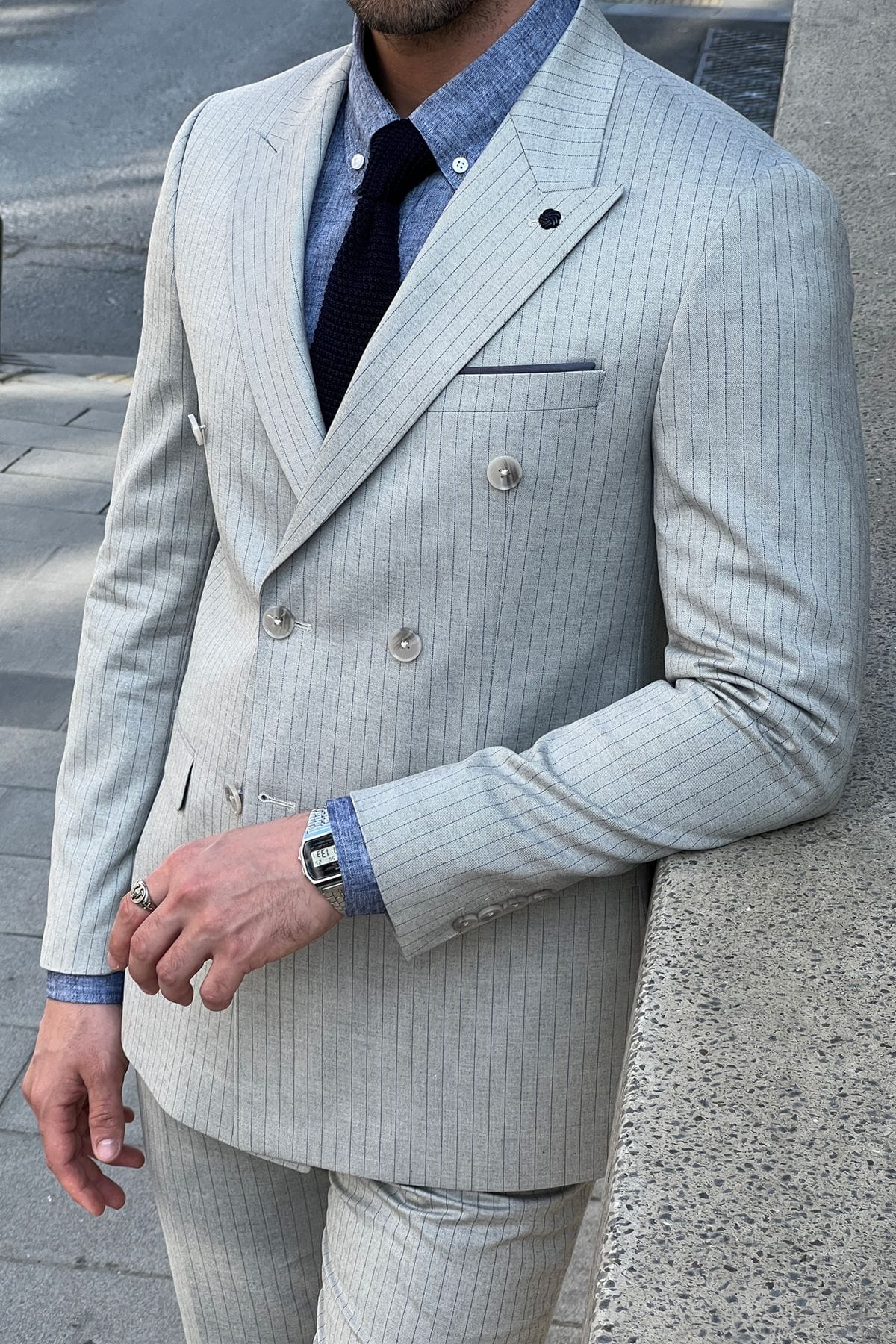 
                  
                    Slim-Fit Striped Double-Breasted Grey Wool Suit
                  
                