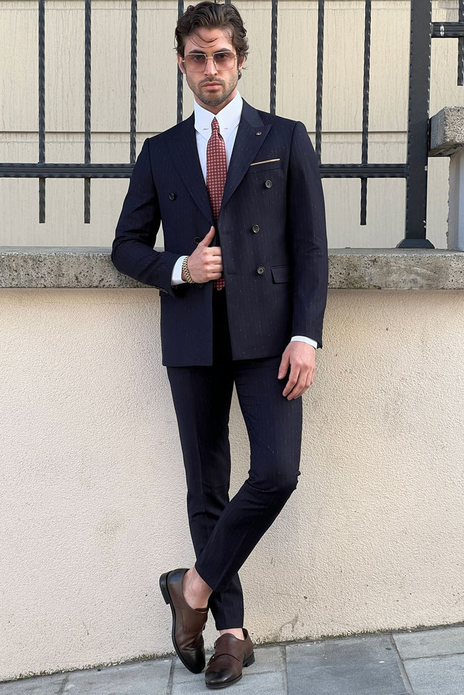
                  
                    Slim-Fit Striped Double-Breasted Navy blue Wool Suit
                  
                