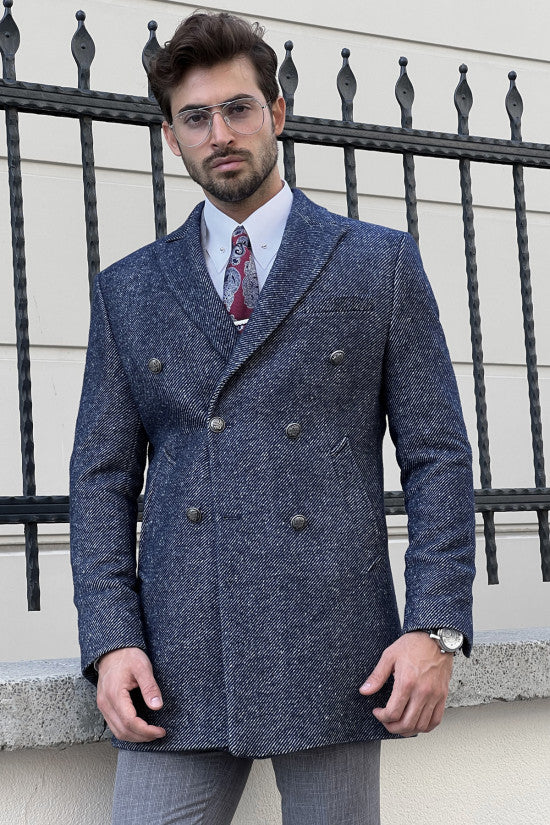 
                  
                    Slim Fit Special Design Metal Button Marbled Navy Blue Double Breasted Wool Coat
                  
                