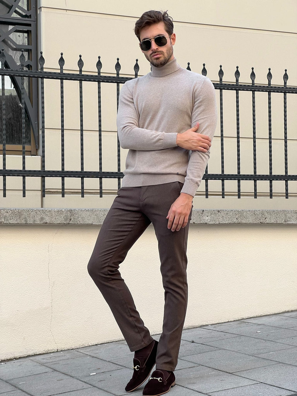 Slim Fit Beige Turtleneck Sweater