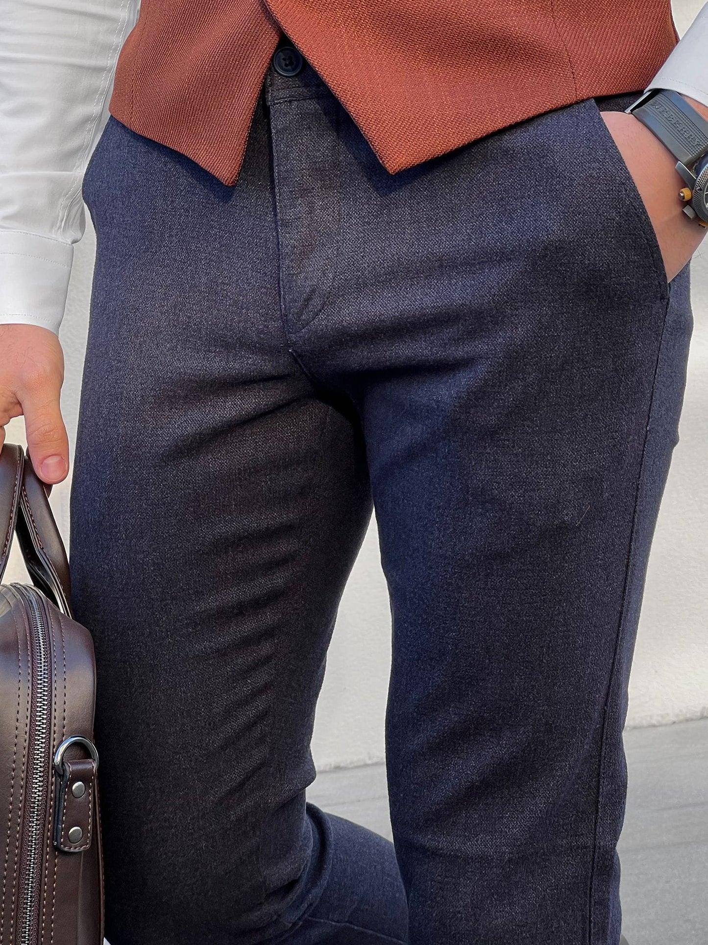 
                  
                    Slim-fit Self Patterned Navy Blue Cotton Pants
                  
                