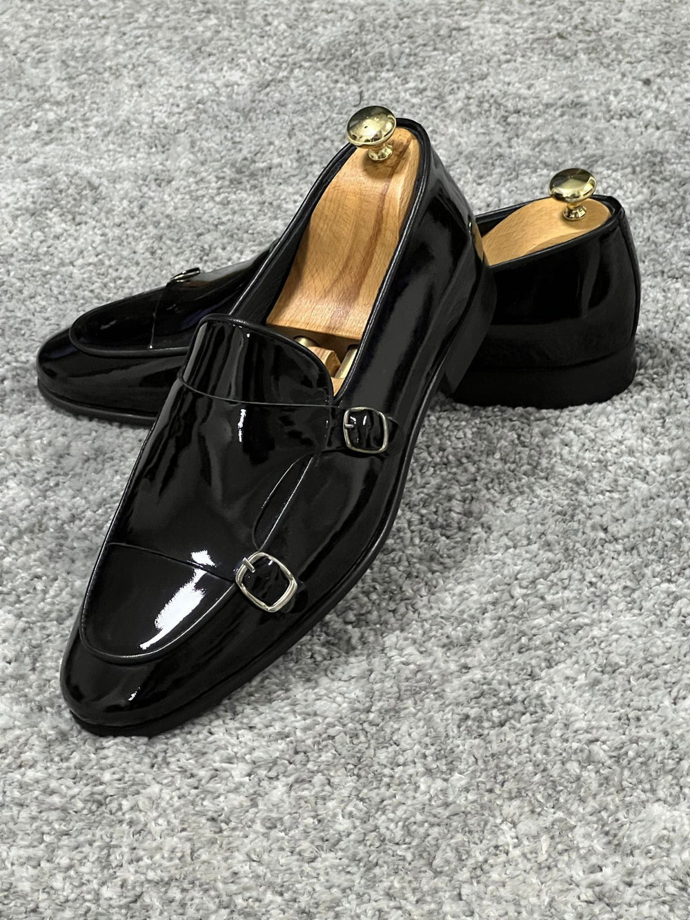 Neo Lite Sole Double Monk Strap Patent Leather Black Shoes
