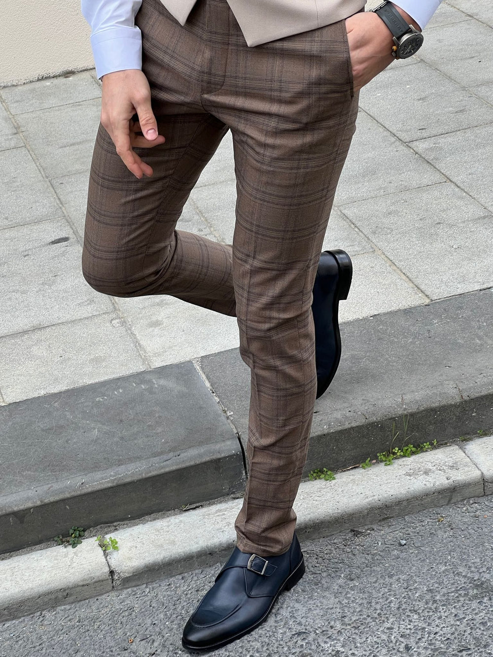 Slim Fit Plaid Wool Brown Men’s Fabric Pants