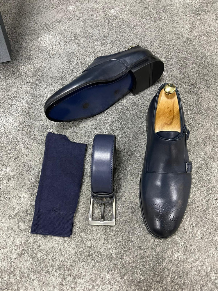
                  
                    Navy Blue Double Buckled Leather Shoes - OUTFITLIFT
                  
                