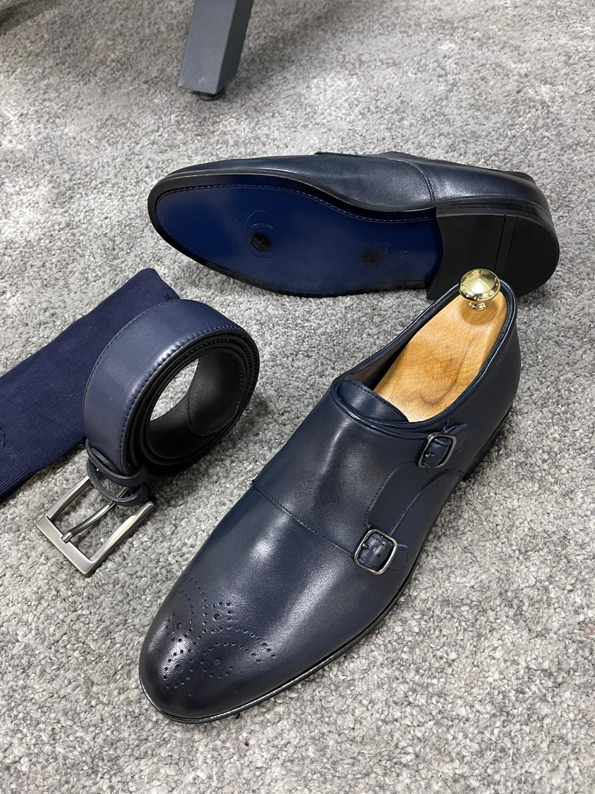 Navy Blue Double Buckled Leather Shoes - OUTFITLIFT