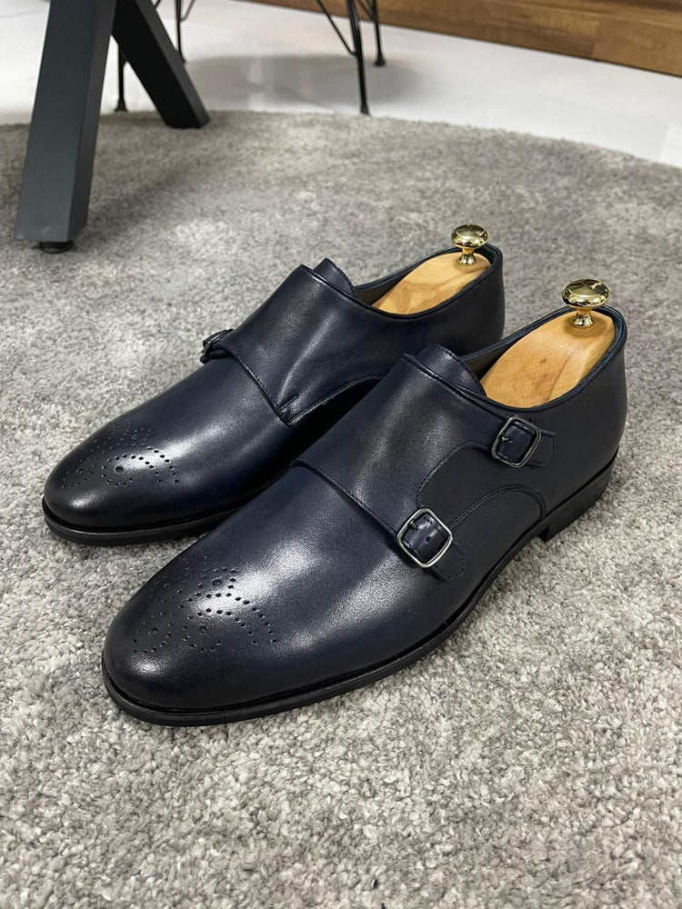 
                  
                    Navy Blue Double Buckled Leather Shoes - OUTFITLIFT
                  
                
