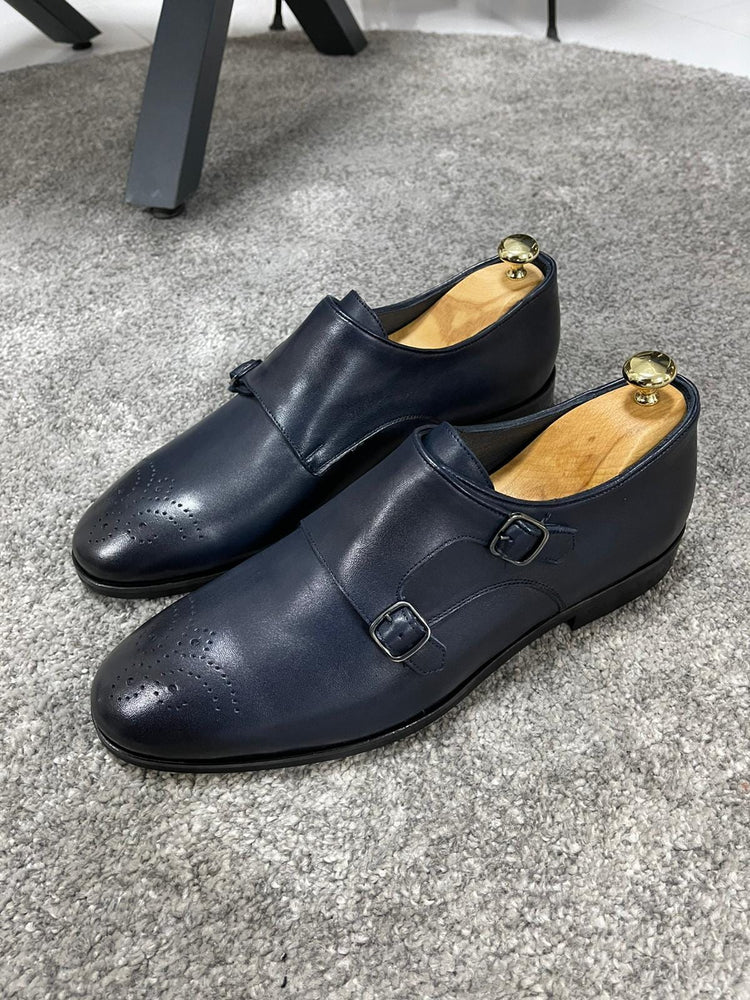 Navy Blue Double Buckled Leather Shoes - OUTFITLIFT