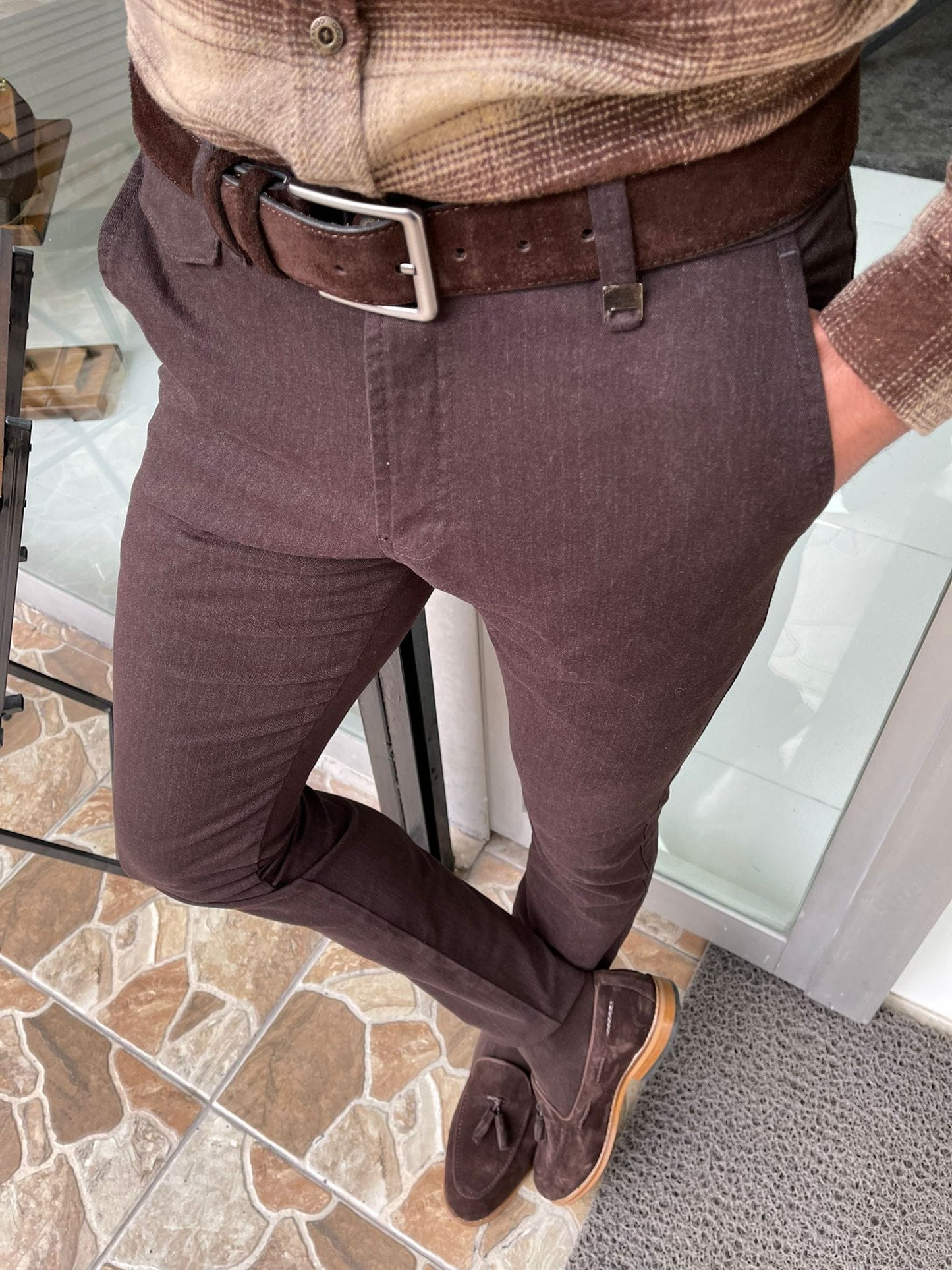 Slim Fit Side Pocket Navy Brown Pants - OUTFITLIFT