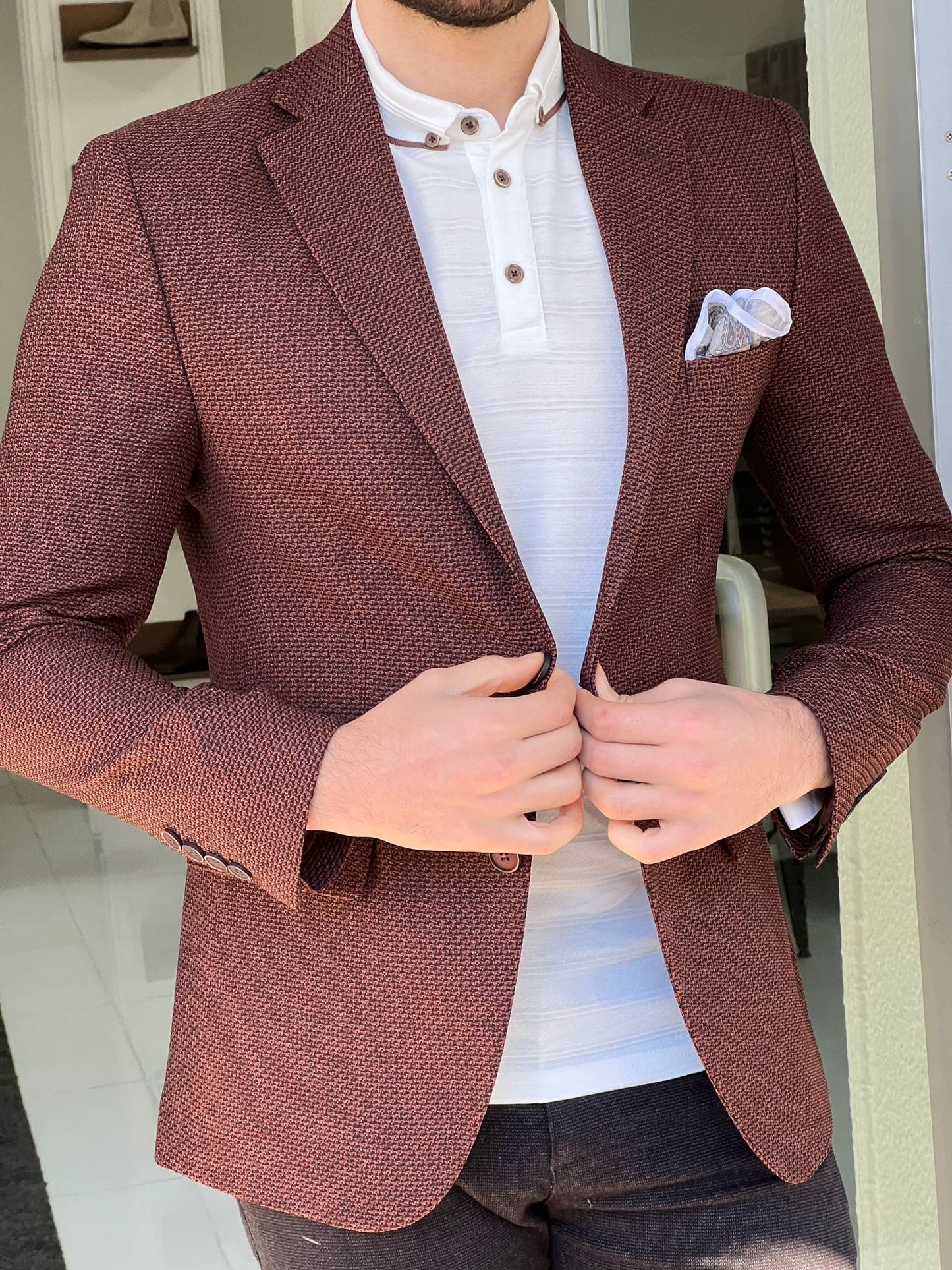 
                  
                    Slim Fit Knitted Brown Jacket - OUTFITLIFT
                  
                