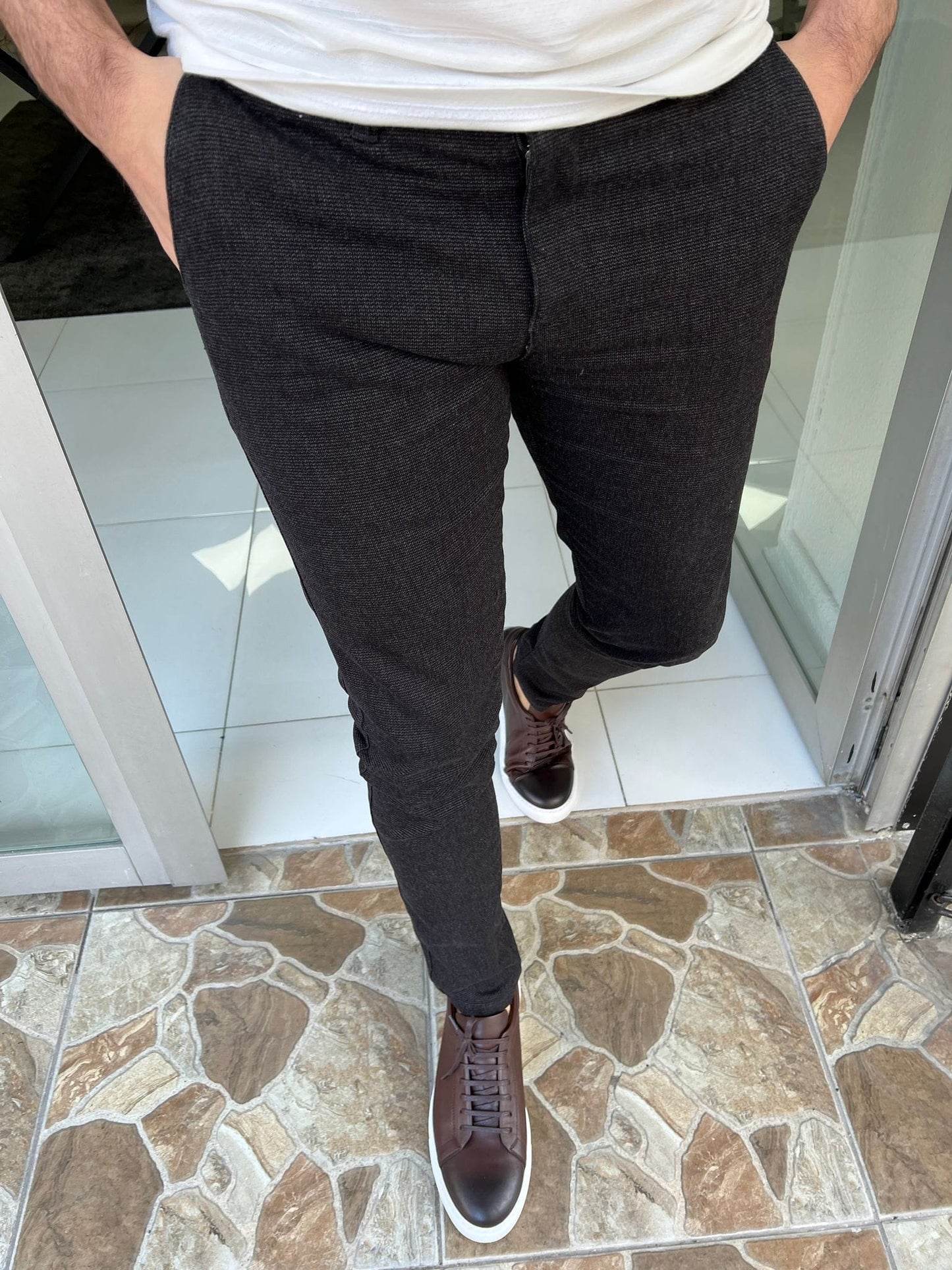 
                  
                    Slim Fit Micro Pattern Black Pants - OUTFITLIFT
                  
                