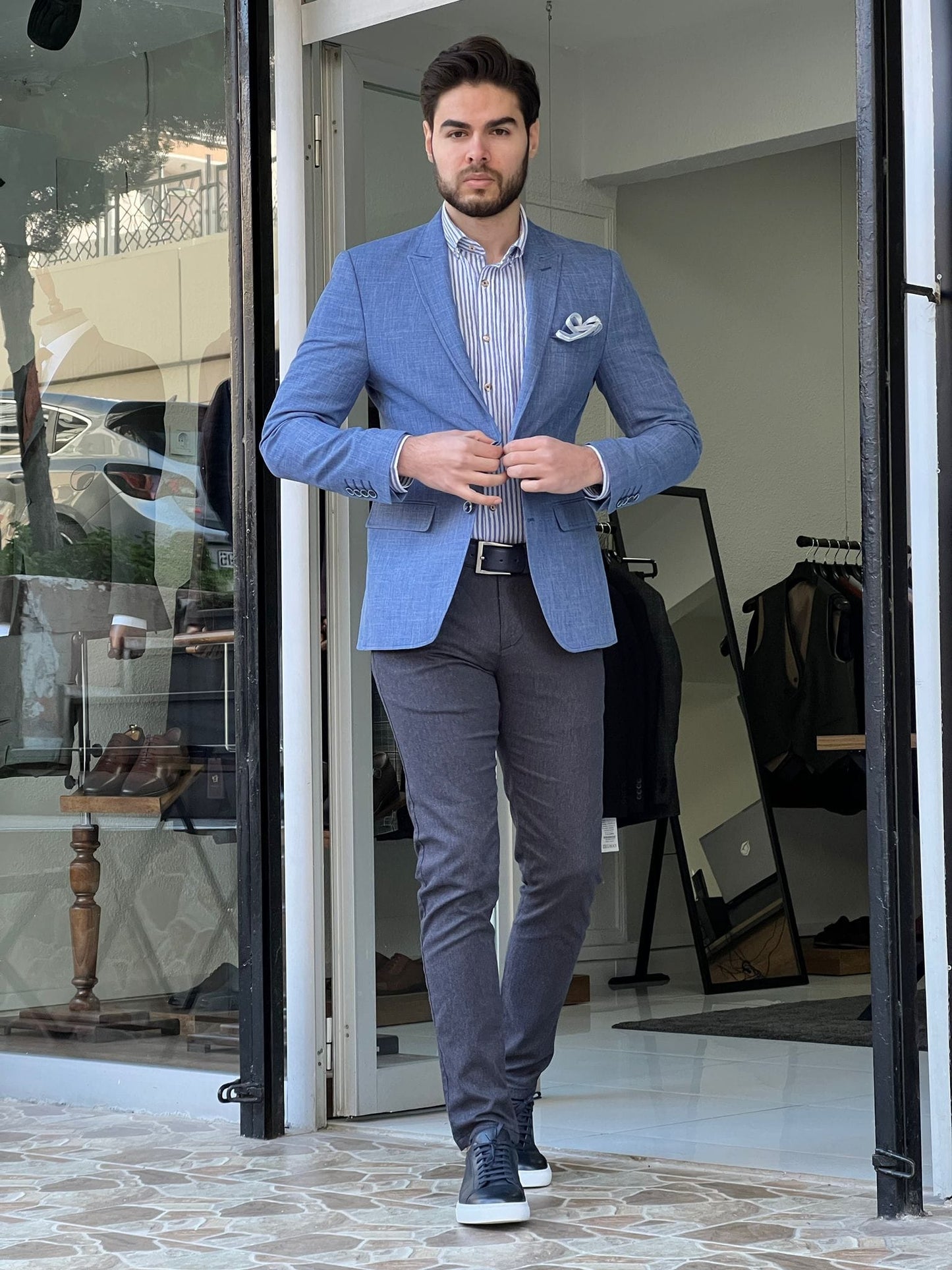 
                  
                    Slim Fit Self-Patterned Cotton Blue Jacket - OUTFITLIFT
                  
                