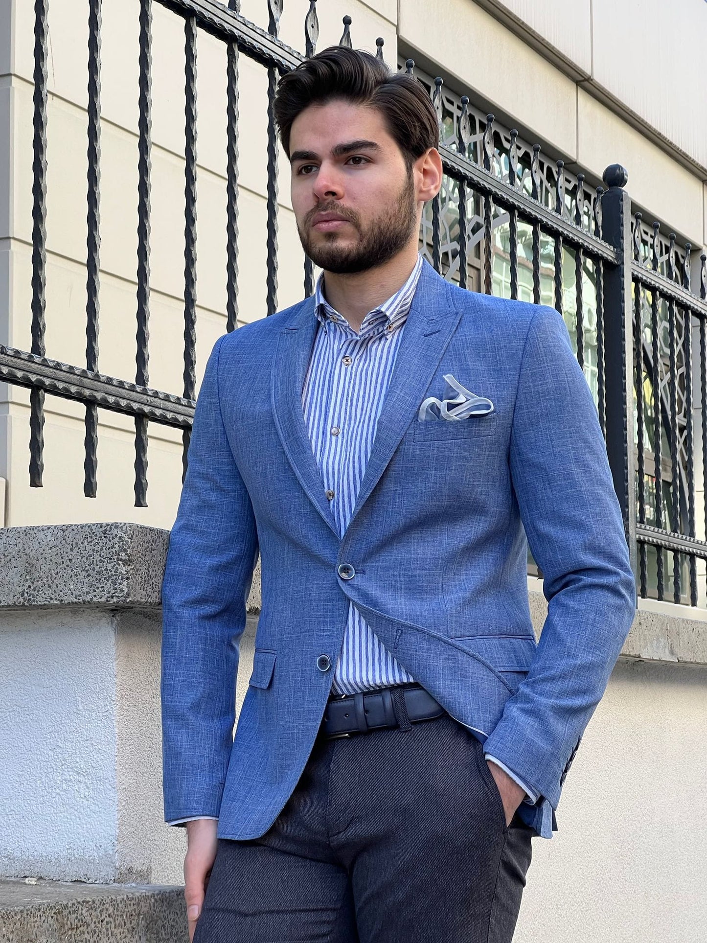 
                  
                    Slim Fit Self-Patterned Cotton Blue Jacket - OUTFITLIFT
                  
                
