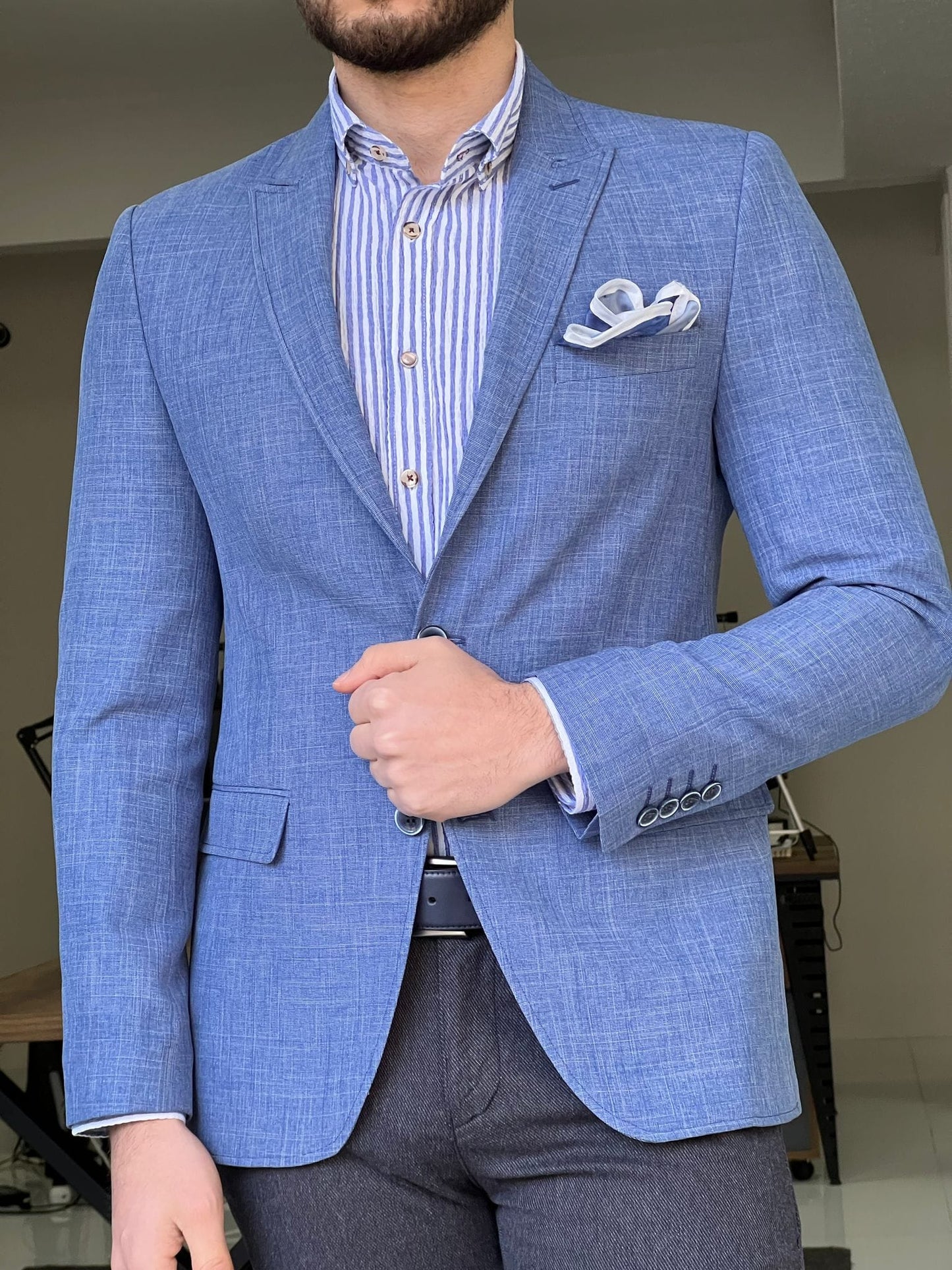 Slim Fit Self-Patterned Cotton Blue Jacket - OUTFITLIFT