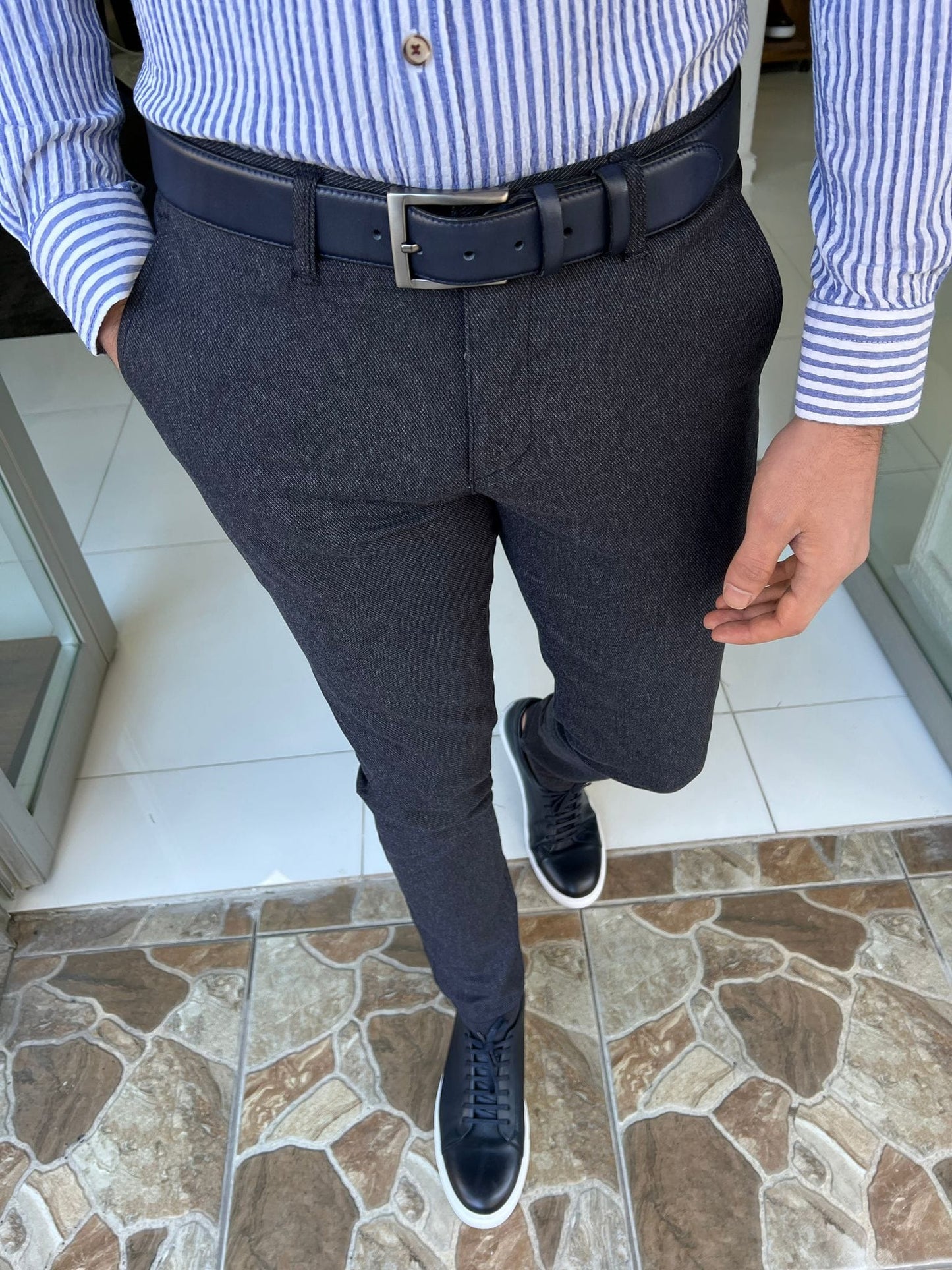 
                  
                    Slim Fit Micro Pattern Navy Blue Pants - OUTFITLIFT
                  
                