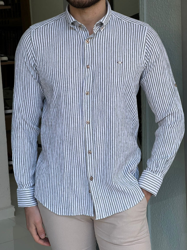 
                  
                    Slim Fit Foldable Sleeve Seersucker Khaki Shirt - OUTFITLIFT
                  
                