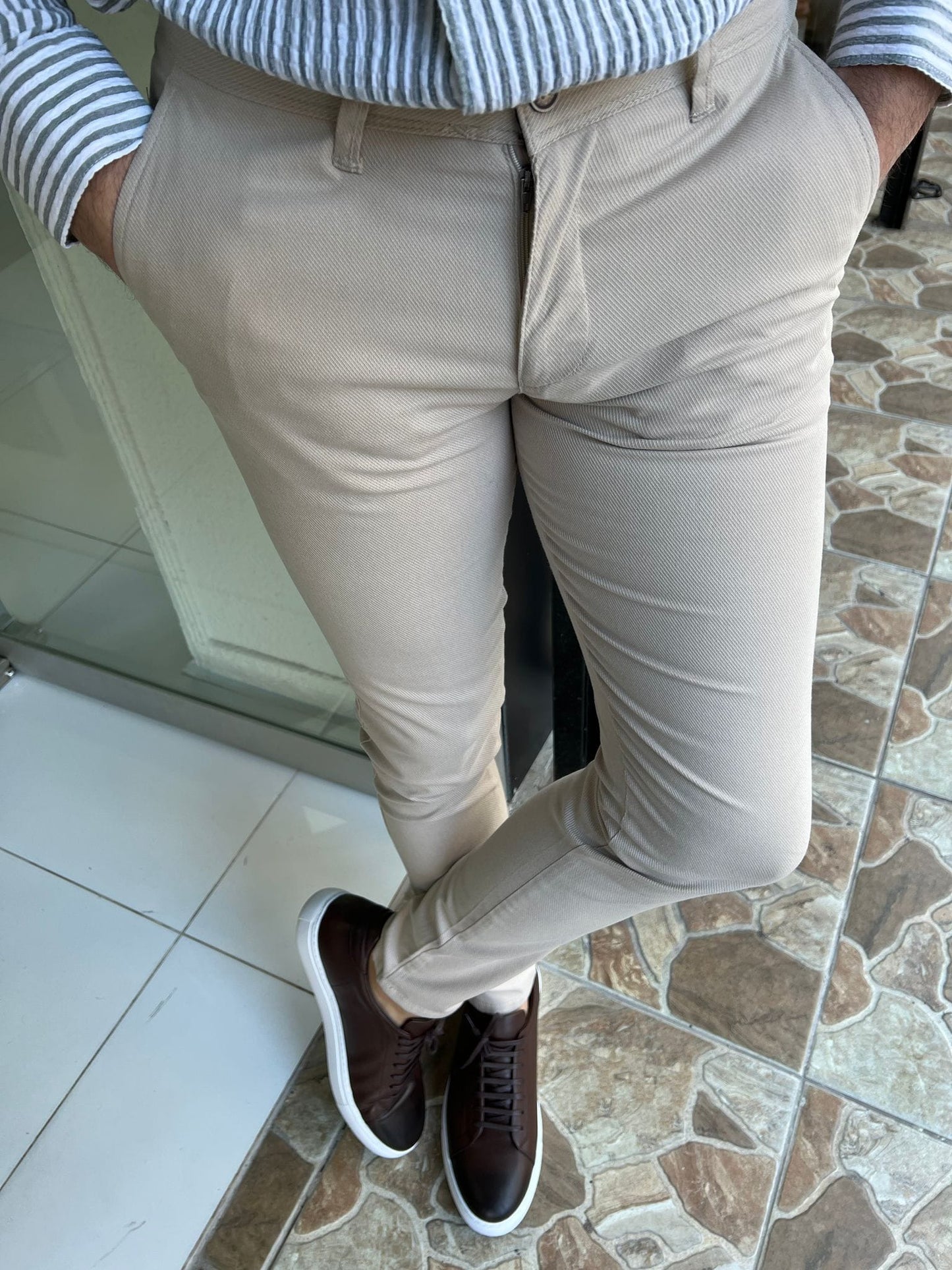 Slim Fit Micro Pattern Beige Pants - OUTFITLIFT