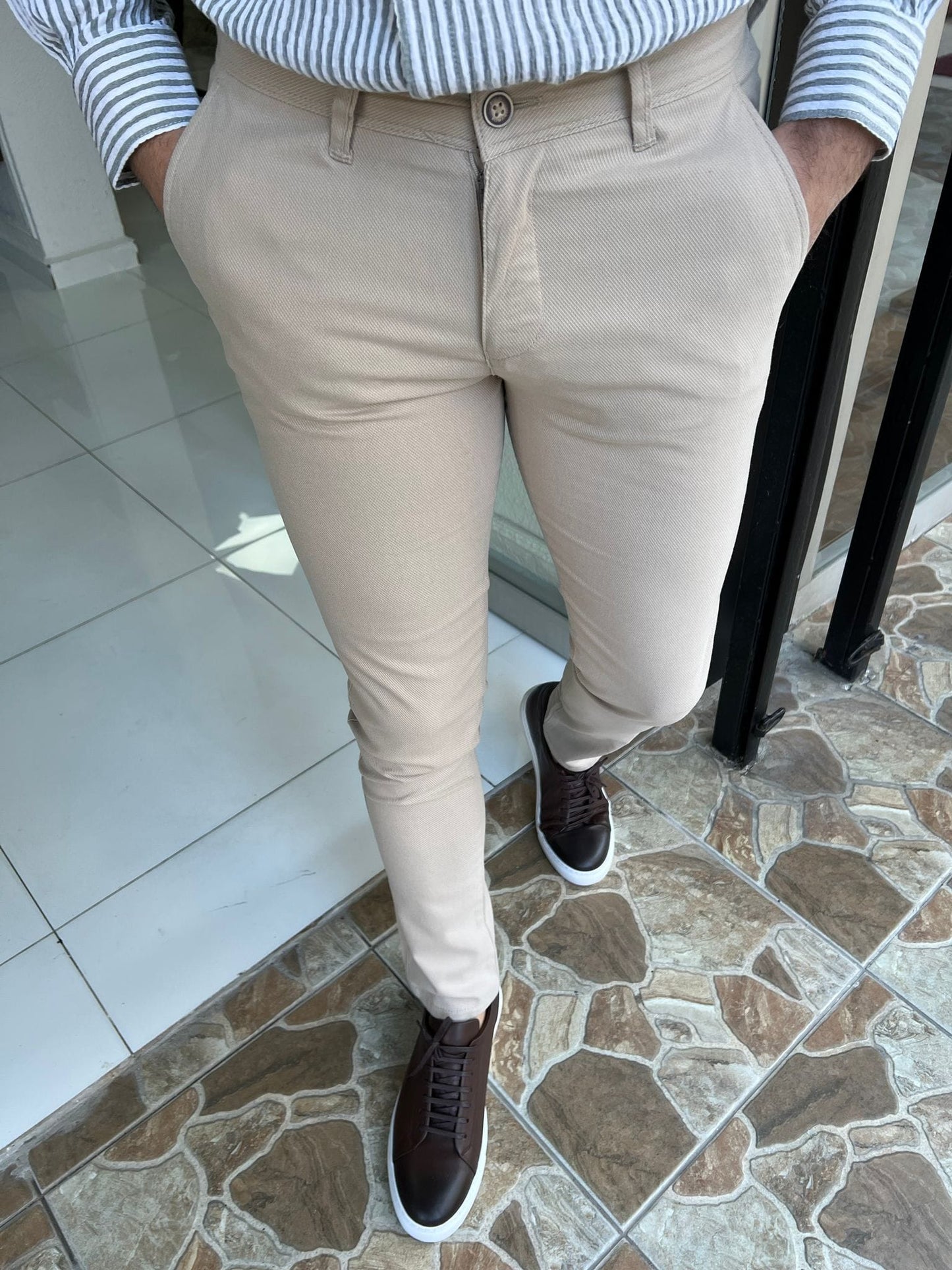 
                  
                    Slim Fit Micro Pattern Beige Pants - OUTFITLIFT
                  
                
