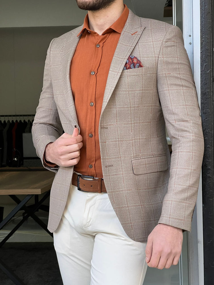 Slim Fit Plaid Beige Jacket - OUTFITLIFT