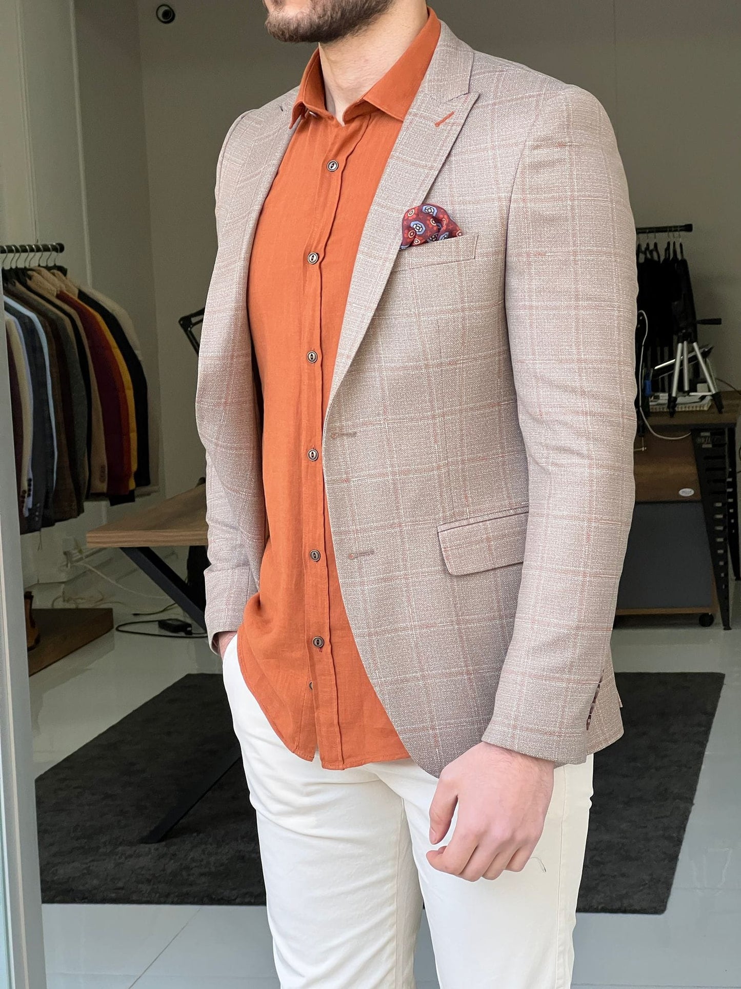 
                  
                    Slim Fit Plaid Beige Jacket - OUTFITLIFT
                  
                