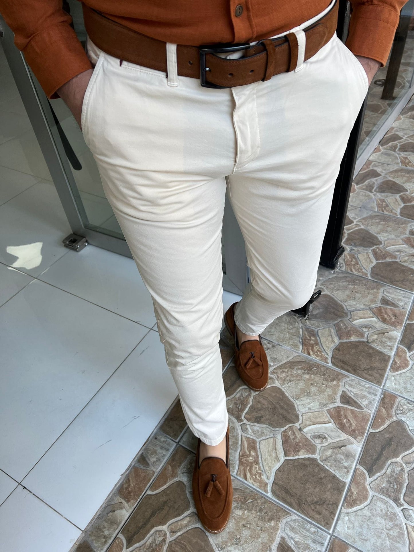 Slim Fit Cotton Cream Pants - OUTFITLIFT