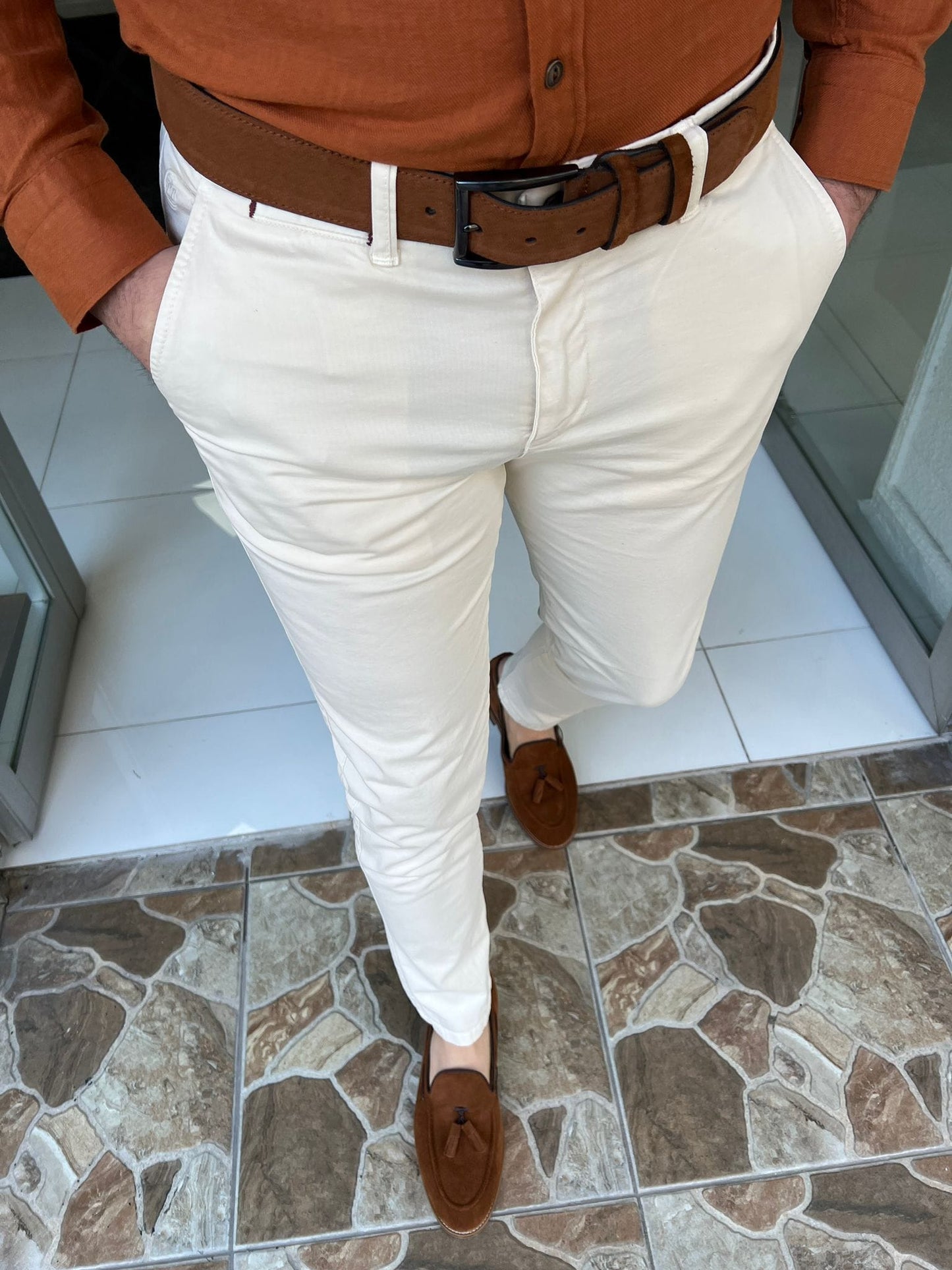 
                  
                    Slim Fit Cotton Cream Pants - OUTFITLIFT
                  
                